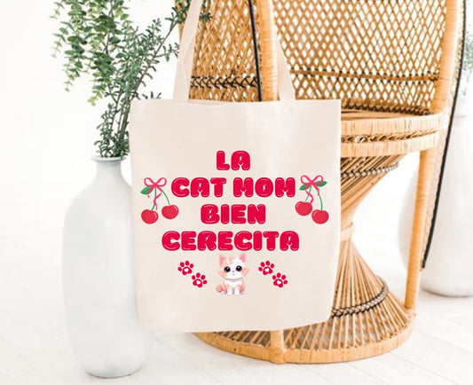 Bilingual Cherry Cat Mom Tote Bag