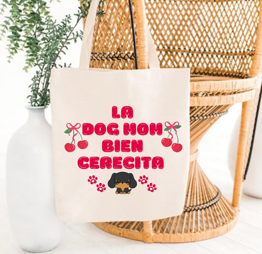Bilingual Cherry Dog Mom Tote Bag